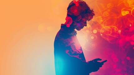 Obraz premium Silhouette of a man on phone with vibrant abstract background, conveying technology and modern lifestyle, in artistic double exposure style.