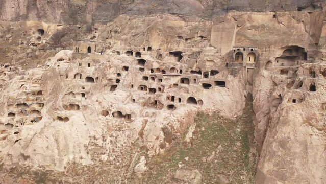 Medieval cave city monastery Vardzia excavated from slopes of Erusheti Mountain