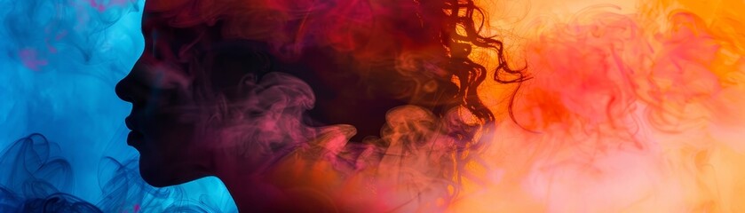 Fototapeta premium Silhouette of a person in a mist of vibrant colors, blending blue and orange hues, creating a mystical and artistic atmosphere.