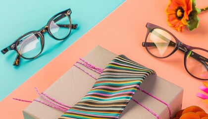 Vibrant Father's Day scene: gift box, striped tie, and glasses arranged elegantly.