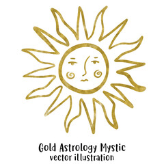 Gold Sun Illustration with Mystical Celestial Face and Abstract Rays