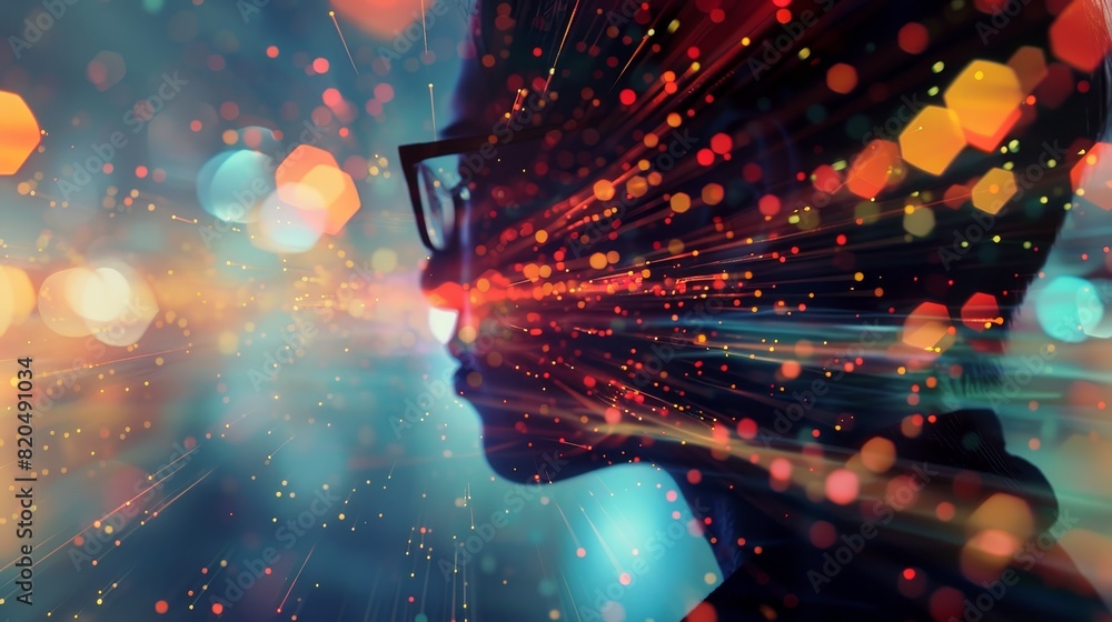 Poster silhouette of person with glasses against digital and sparkling multicolored lights background, repr