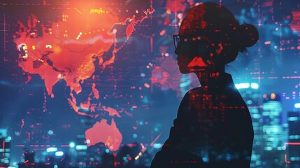 Silhouette of woman analyzing data with digital map overlay of the world, representing global technology and network connections.