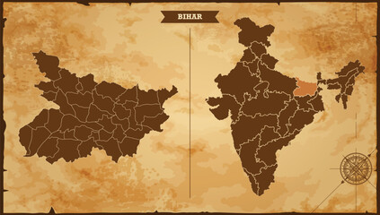 Bihar state map, India map with federal states in A vintage map based background, Political India Map