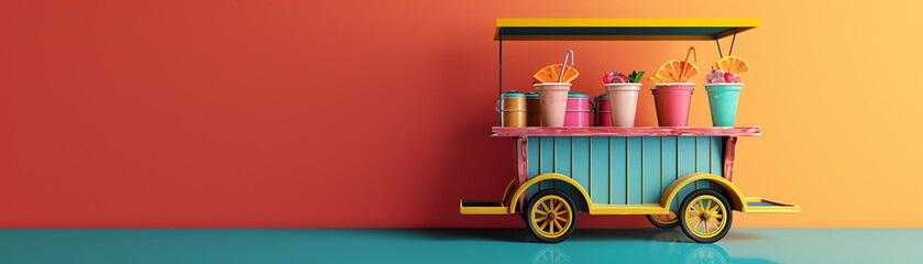 Drink service cart flat design, top view, retro theme, 3D render, vivid