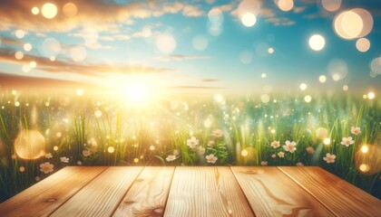 A bright, sunny spring scene viewed from a wooden deck, overlooking a meadow with blooming flowers and a tree, with bokeh lights adding a magical touch.
