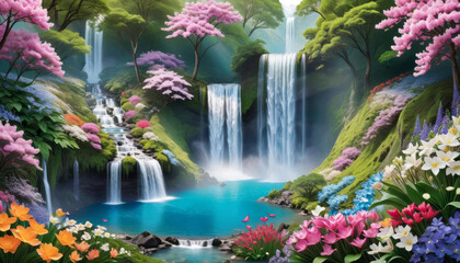 landscape fantastic flowering made wonderfully waterfall magical banner ancient flower beauty river mystery plant natural stream jungle art rainforest fantasy rock scenery foliage illustration