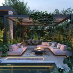 A modern outdoor living area with an unlit pool and purple and yellow couches under the shade of a wooden arbor in front of a dining table surrounded by chairs.