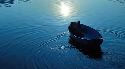 Tranquil lakeside scene: Boat with couple, heart-shaped ripples for Valentine's reflection.