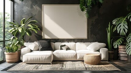 Living room wall with a blank frame, sleek sofa, a rug, and indoor plants, creating a cozy and stylish atmosphere,