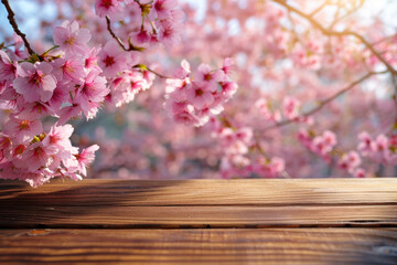 A wooden desk top with blurred background of skura tree with cherry blossom. Good for background