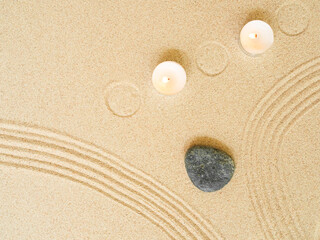 Zen Garden Candle Sand Background Japanese Balance Meditation Relax Buddhism Spirituality, Pattern Line Wave Mandala Mockup Spa Vacation Yoga Lifestyle Natural Summer, Texture Desert,Aroma Therapy.