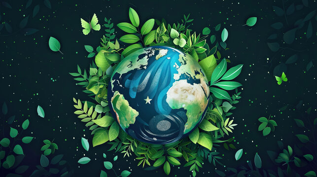 Green planet earth with plants on dark blue background