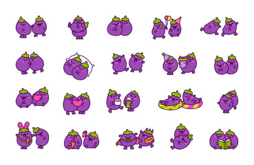 Cute eggplant couple. Funny cartoon characters. Hand drawn style. Vector drawing. Collection of design elements.
