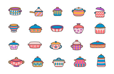 Dishes with vintage patterns. Baking dishes. Hand drawn style. Vector drawing. Collection of design elements.