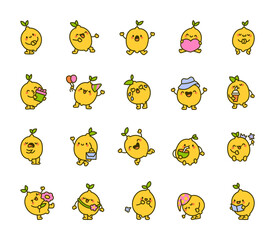 Cartoon lemon character. Funny hero. Hand drawn style. Vector drawing. Collection of design elements.