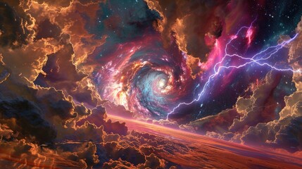 Massive cosmic storm on an alien planet. Brightly colored swirling clouds contrast with the starry galaxy background. The lightning arc illuminates the dark space.