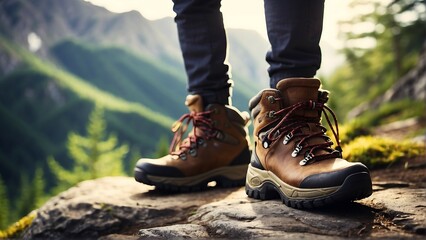 A person wearing brown hiking boots is standing on a rock in the mountains. - Powered by Adobe