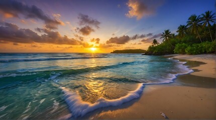 tropical beach sunset with white sand, highly detailed, 8k, wallpaper, nature ocean, peaceful nature scenic relax paradise