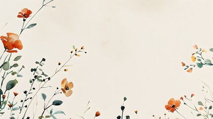 Minimalistic Watercolor Flowers Building a Neutral Border on a Light Cream Background
