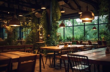 Cozy indoor dining area with greenery and warm lighting in a modern space