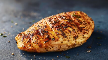 Grilled chicken breast seasoned with herbs and spices, served on a dark surface, cooked to perfection, ready to eat, healthy meal idea.