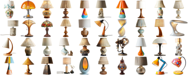 Big collection set of lamp in various styles retro vantage and modern bedside nightstand lighting different table lamp for interior decoration furniture element, isolated on transparent background