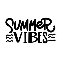 Handwritten phrase SUMMER VIBES. Warm season lettering typography for card, invitation. Calligraphy greeting card. Logo, badge, icon, banner, poster, sticker, print.