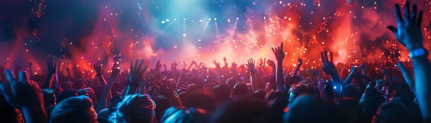 Highdetail image of audience waving hands at concert, colorful stage lights, euphoric atmosphere, detailed background, Midjourney creation