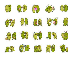 Cute couple of cucumbers. Funny cartoon characters. Hand drawn style. Vector drawing. Collection of design elements.