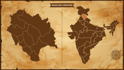 Himachal Pradesh state map, India map with federal states in A vintage map based background, Political India Map