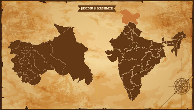 Jammu and Kashmir state map, India map with federal states in A vintage map based background, Political India Map
