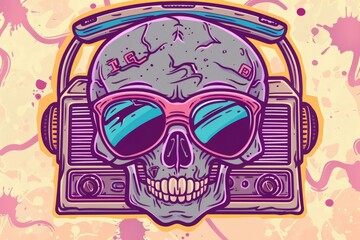 Cartoon cute doodles of a retro skull with funky 80s-style sunglasses and a boombox, Generative AI