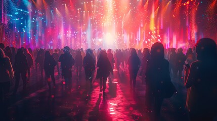 Highresolution image of concert crowd at music festival, vibrant lights, energetic atmosphere, engaged audience, Midjourney AI art
