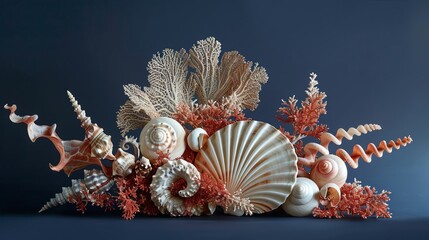 Obraz premium A beautiful arrangement of various seashells and coral pieces against a dark blue background, showcasing marine elegance and natural beauty.