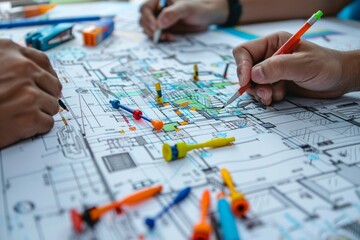 Engineers Collaborating on Project with Blueprints and Diagrams
