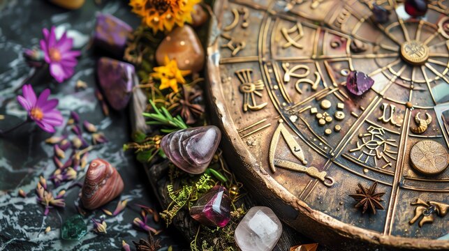 Astrological chart with gemstones and flowers, depicting zodiac symbols, mysticism, and esoteric concepts. Idea for divination themes.