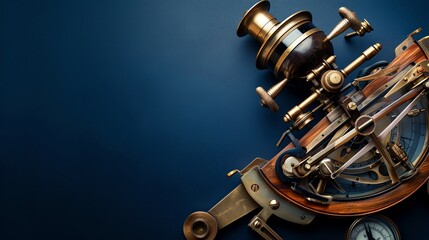 Elegant vintage sextant on a deep blue background, symbolizing exploration, navigation, and historical maritime technology.