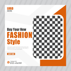 Editable minimal square fashion social media banner. Orange fashion background color
