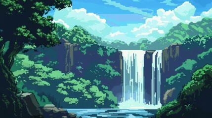 waterfall scenery background in pixel style, Ai Generated Image