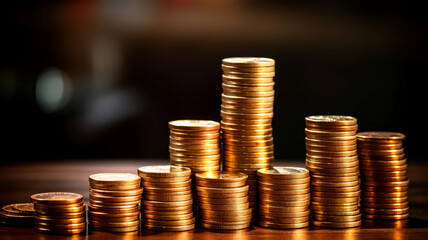 Stack of coins with dividend growth charts, copy space, soft lighting