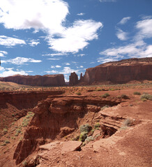 Monument Valley sunny day view with Hand of God rock, Thunderbird Mesa and Gypsum Creek eroded...