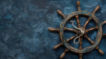 Rustic wooden ship wheel against a textured blue background, evoking nautical themes and maritime adventures.