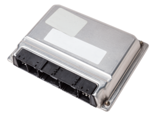 car engine control unit with metal elements on a white isolated background is the connecting center of various subsystems, units and assemblies. Monitoring the state of the moment. Spare part