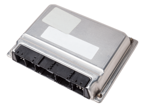 car engine control unit with metal elements on a white isolated background is the connecting center of various subsystems, units and assemblies. Monitoring the state of the moment. Spare part
