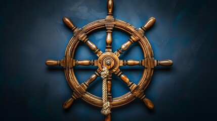 Obraz premium Wooden ship helm on blue background. Nautical theme of vessel navigation and seafaring. Detailed design of ship steering wheel with rope accent.