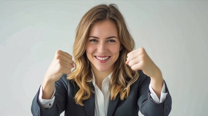 A woman in business attire showing her fist.