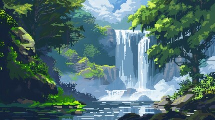waterfall scenery background in pixel style, Ai Generated Image