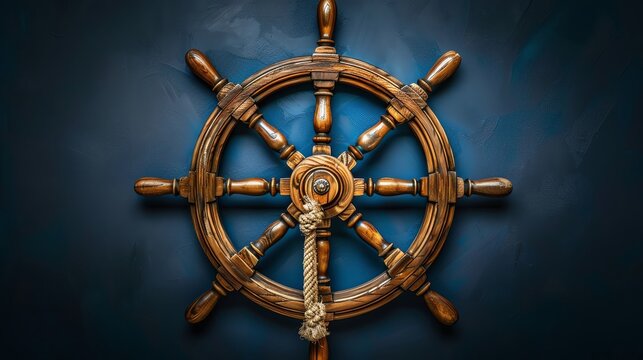 Wooden ship helm on blue background. Nautical theme of vessel navigation and seafaring. Detailed design of ship steering wheel with rope accent.