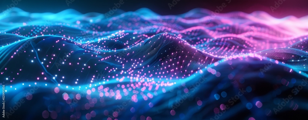 Poster 3d render of glowing neon lines and dots in the dark